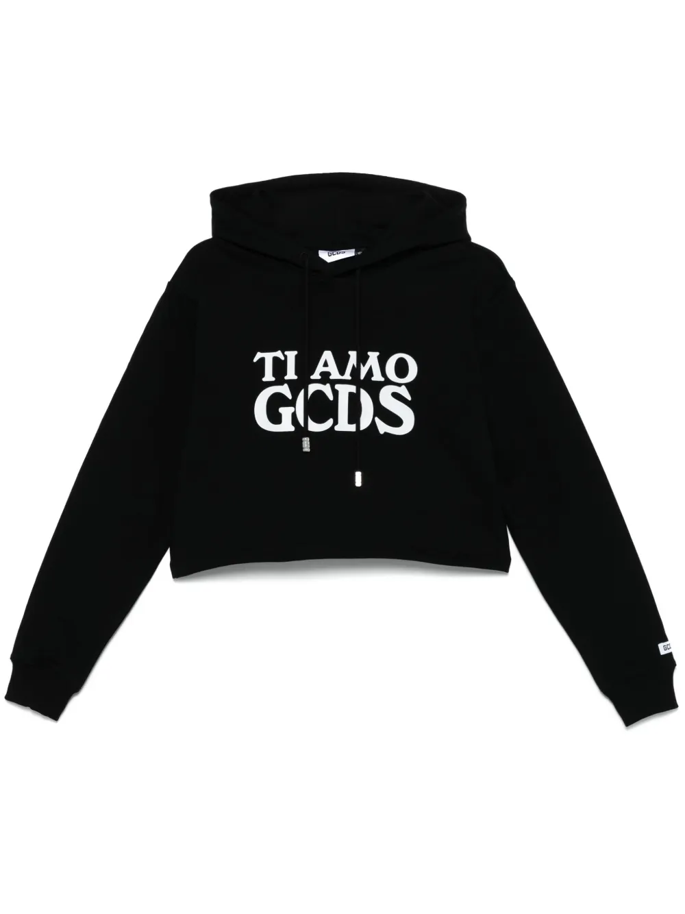Gcds Cropped Hoodie With Drawstring And Ribbed Cuffs In Black