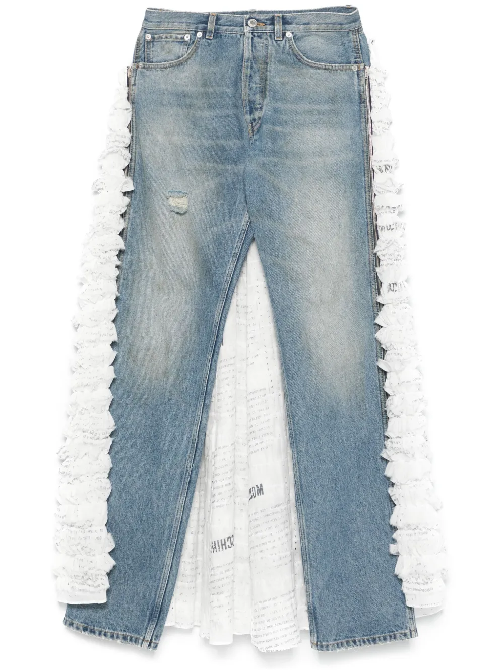 Moschino Ruffled Overlay Distressed Jeans In Blue