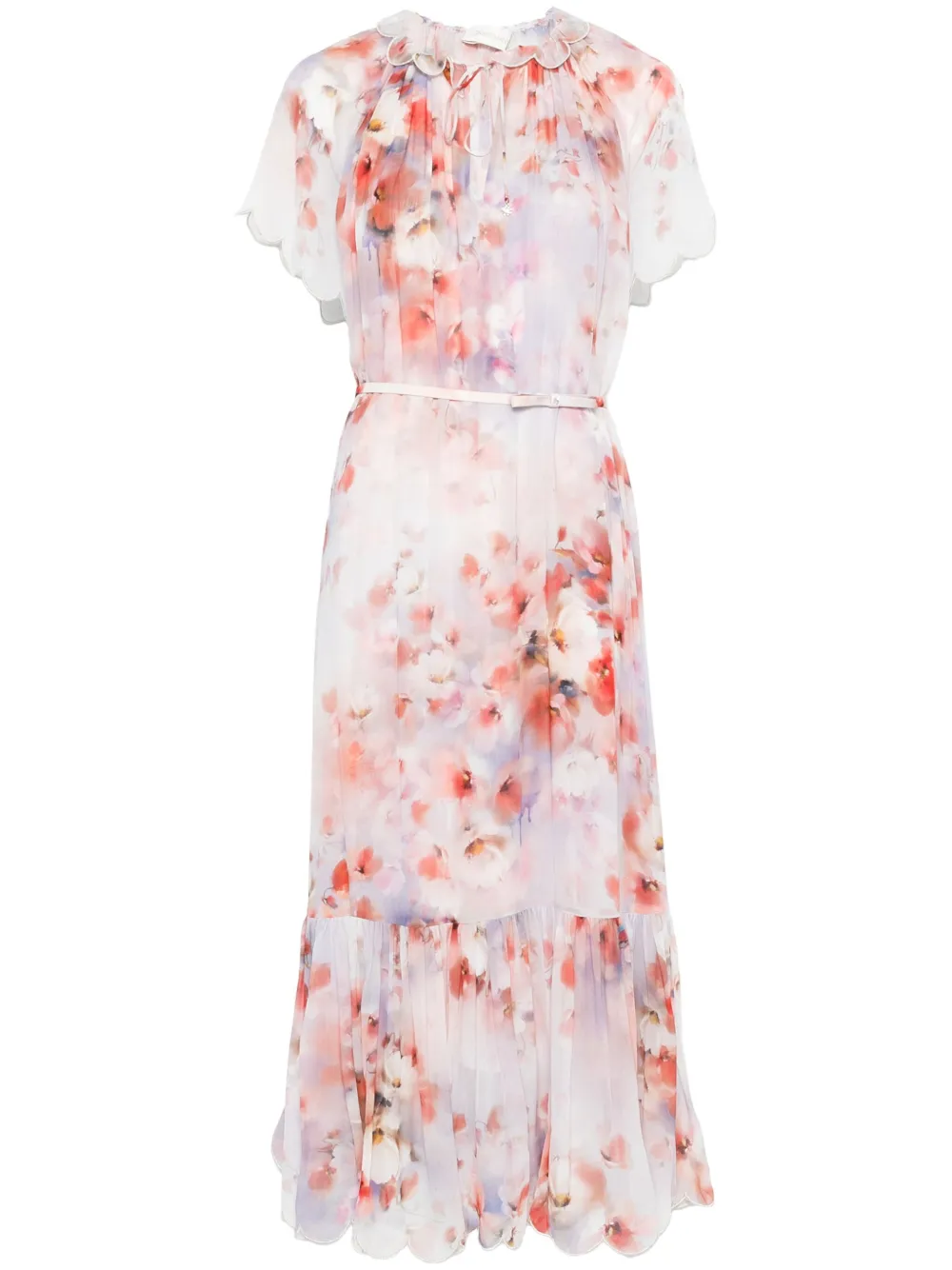 Zimmermann Light Red Floral Dress With Belt In Pink & Purple