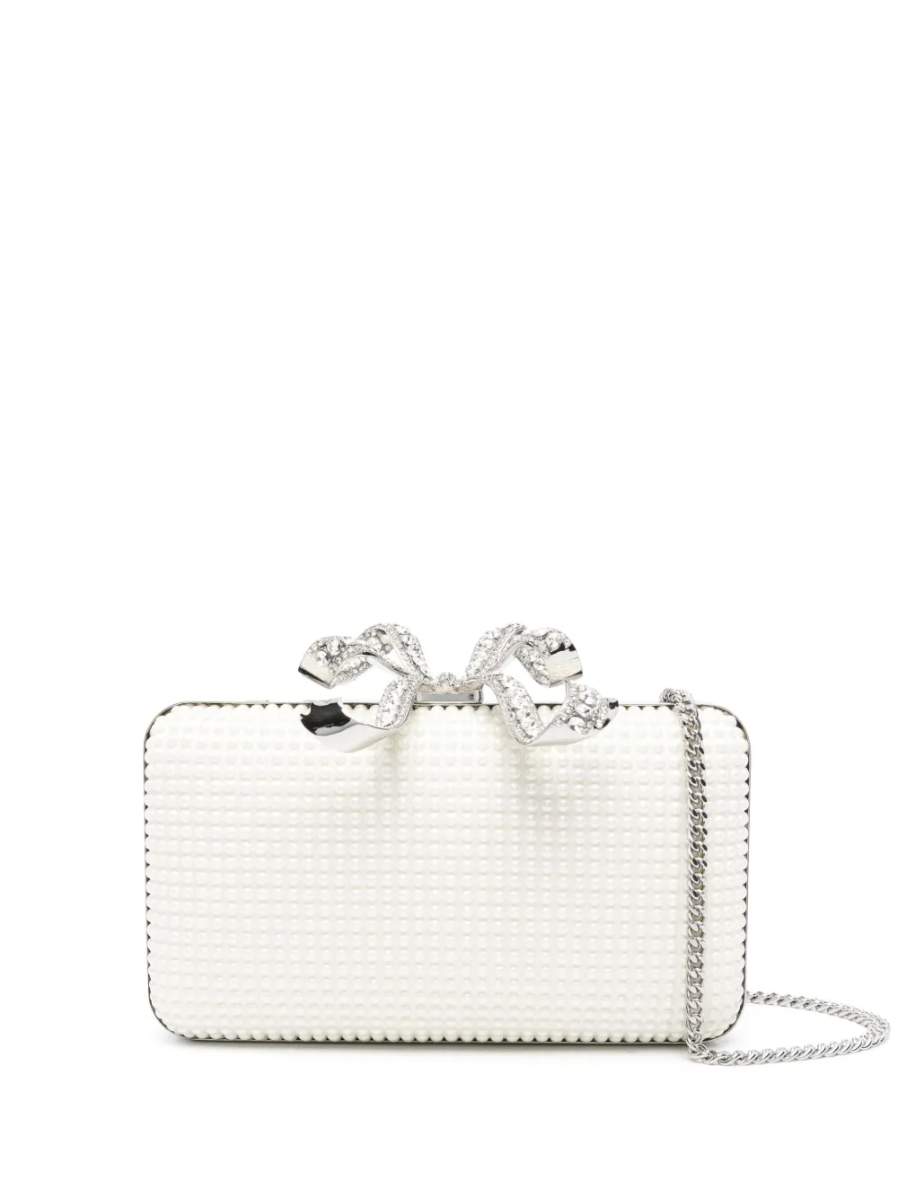 Self-portrait White Clutch With Pearls Embellishment And Bow Detail In Tech Fabric Woman In Nude & Neutrals