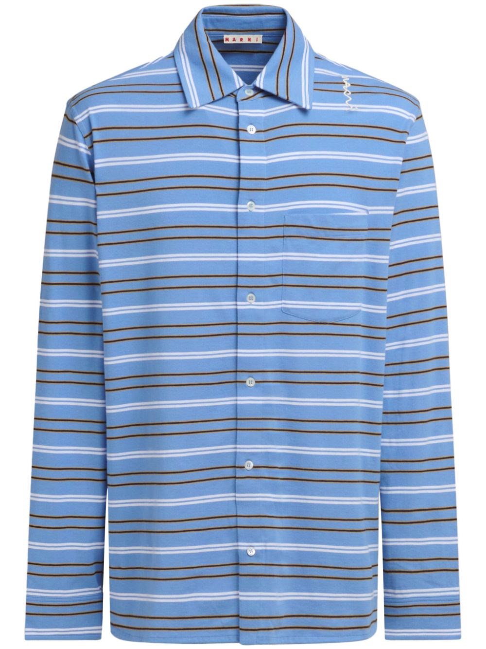 Marni Light Blue Cotton Turtleneck Polo With Horizontal Stripes