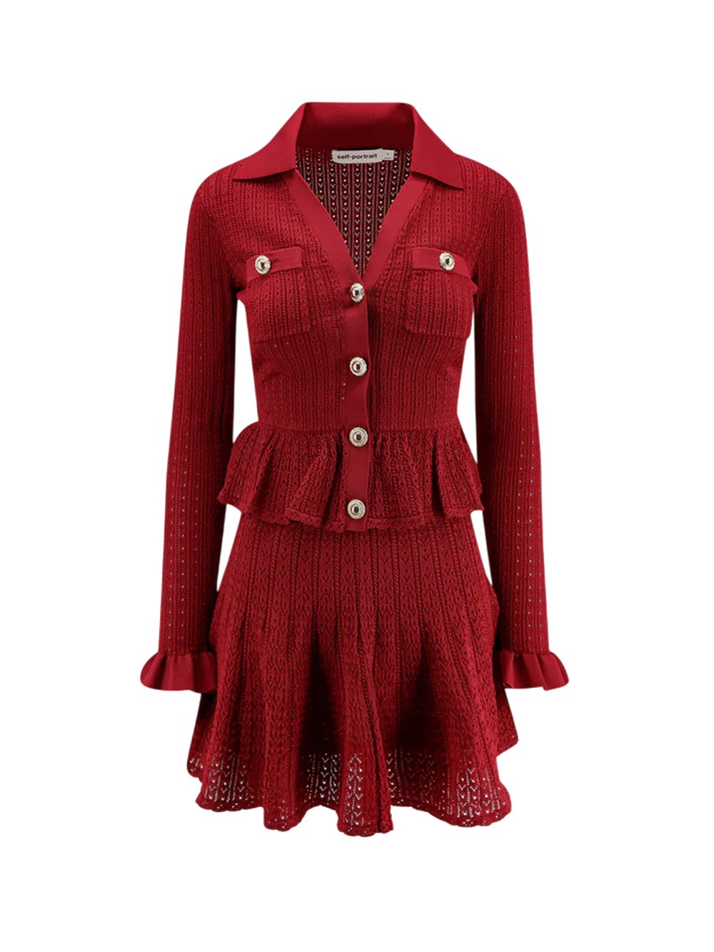 Self-portrait Self Portrait Women Burgundy Pointelle Knit Long-sleeved Mini Dress In Red