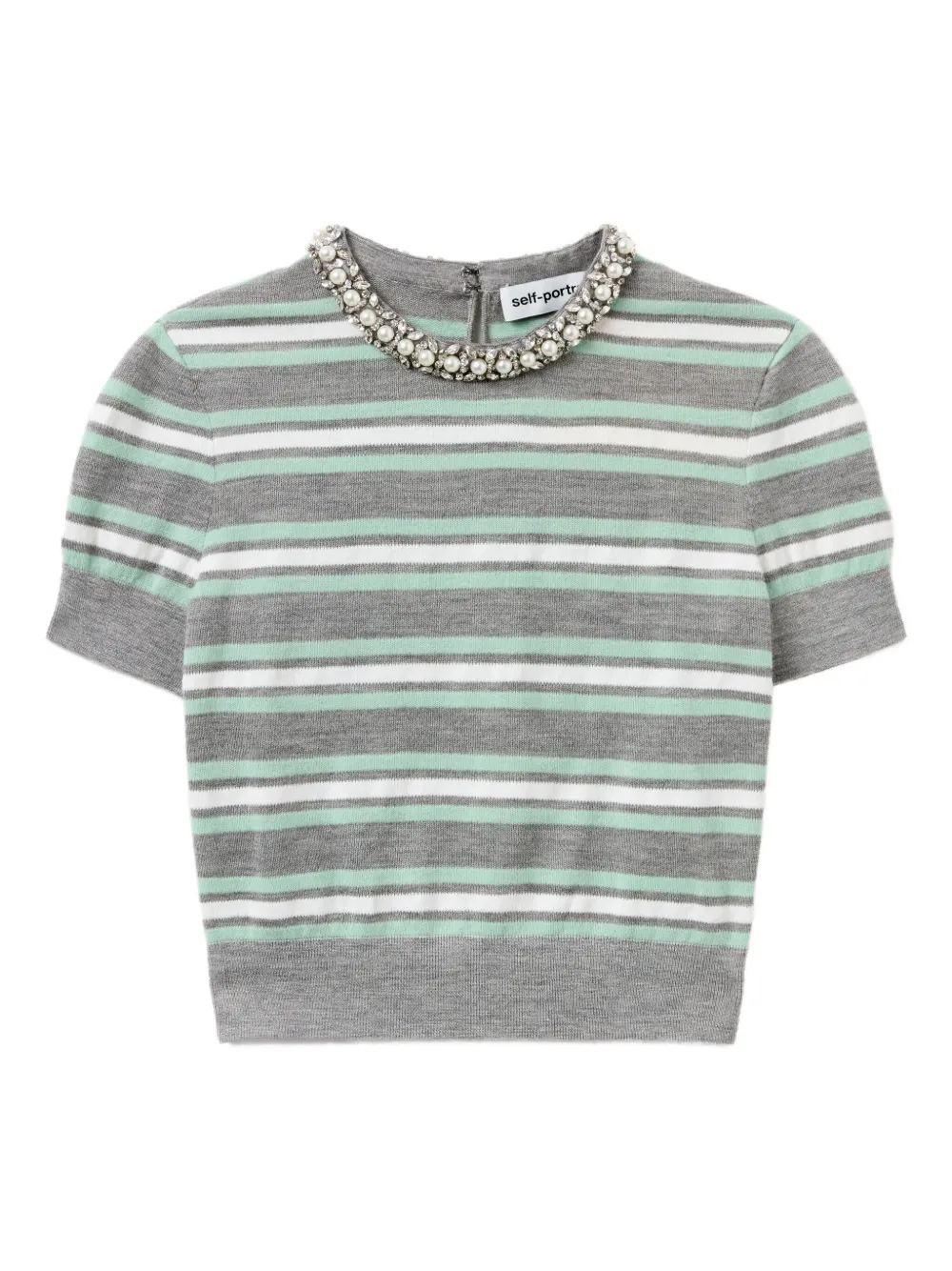 Self-portrait Grey Striped Crystal Trim Knit Sweaters And Cardigans Gray In Gray