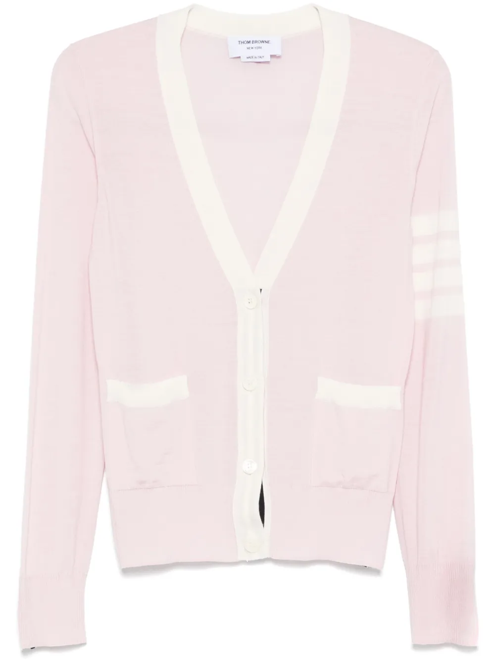 Thom Browne Relaxed Fit V Neck Cardigan With 4 Bar Stripe In Pink
