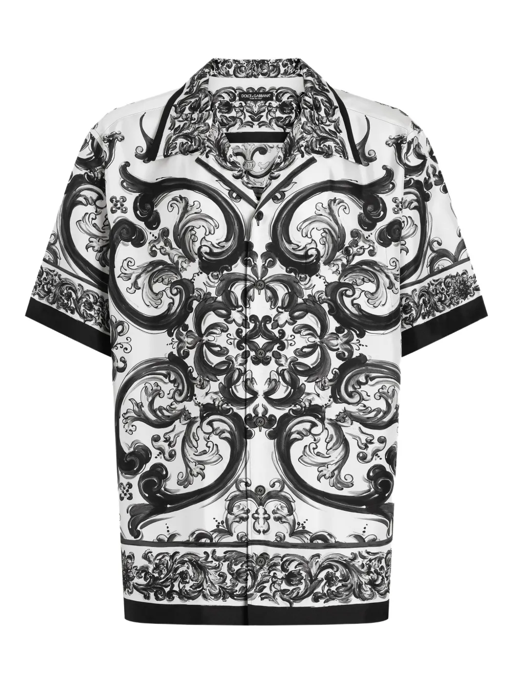 Dolce & Gabbana Maiolica Black And White Bowling Shirt With Cuban Collar And All-over Print In Silk Man In Black