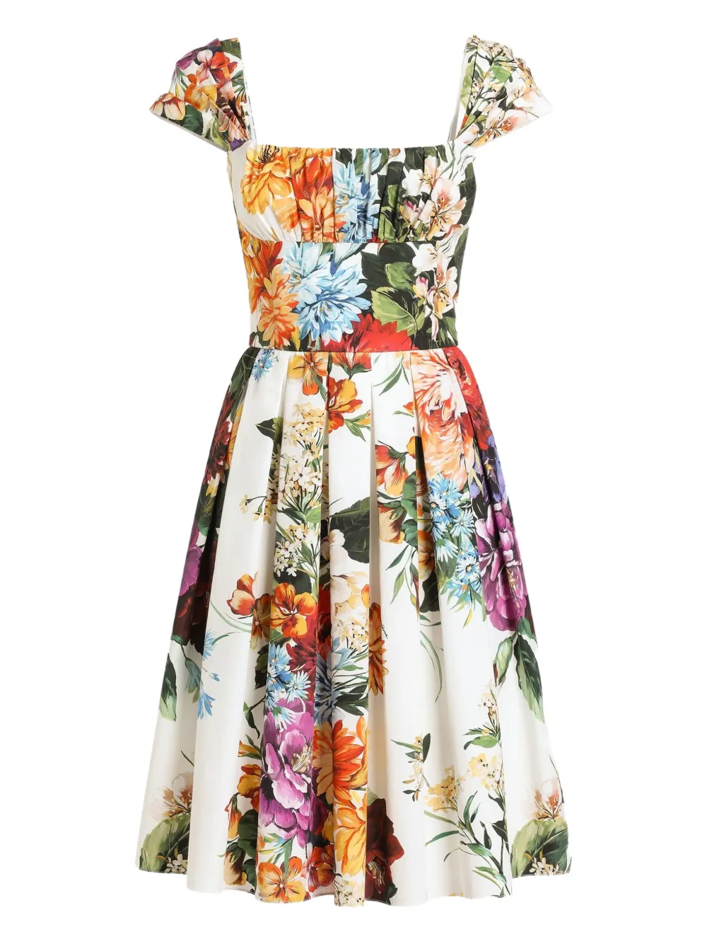 Dolce & Gabbana Floral Bouquet Popeline Cap-sleeve Pleated Dress In Multi
