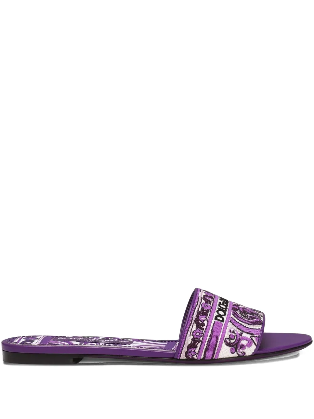 Dolce & Gabbana Violet Sandals With Logo Embroidery On The Front And All-over Majolica Motif In Cotton Blend Woman In Purple