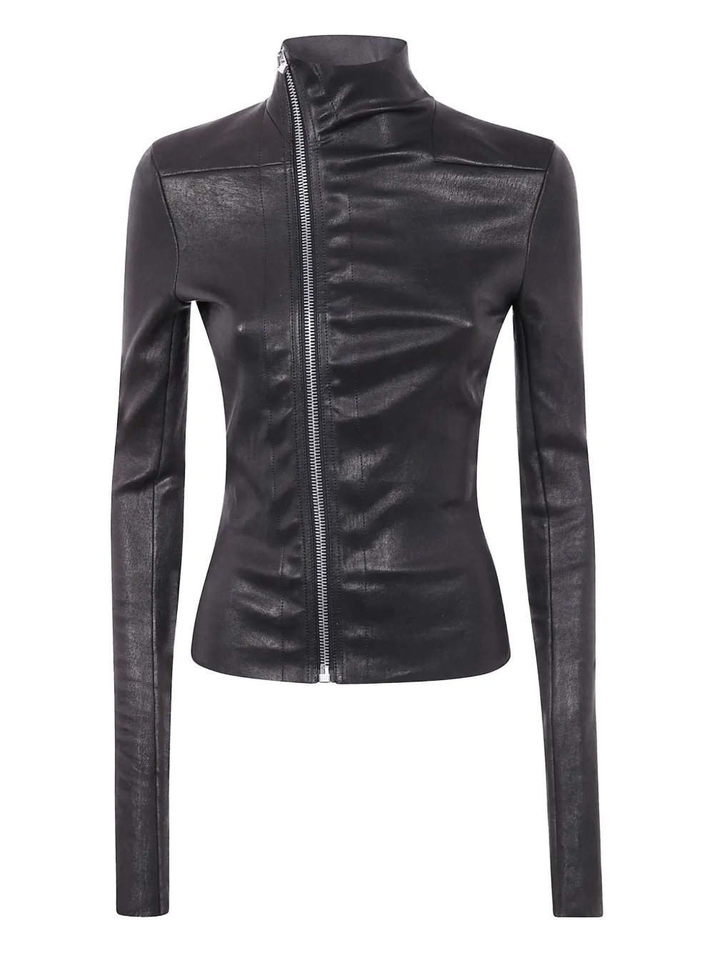 Rick Owens Asymmetric Black Stretch Leather Jacket In Black