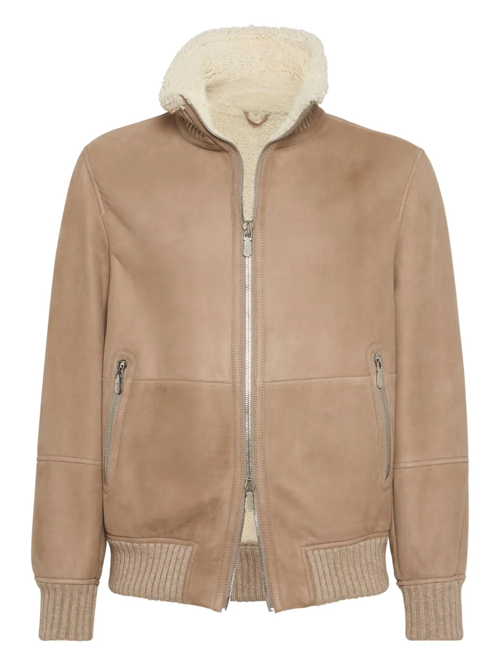 Brunello Cucinelli Bomber Jacket With Shearling Collar And Ribbed Finish In Brown