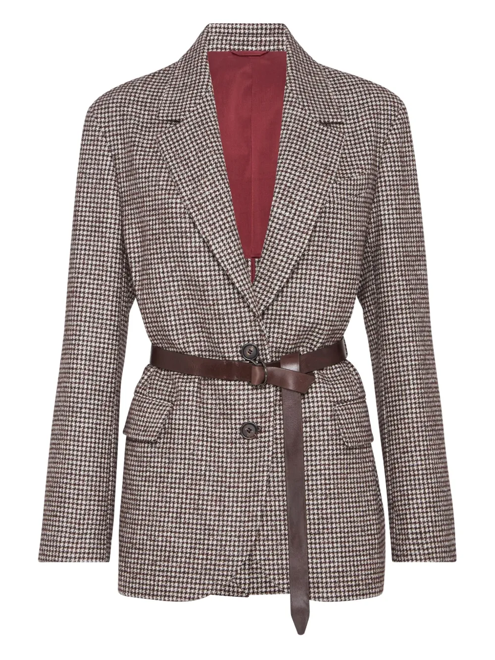 Brunello Cucinelli Tailored Houndstooth Blazer With Matching Waist Belt In Brown