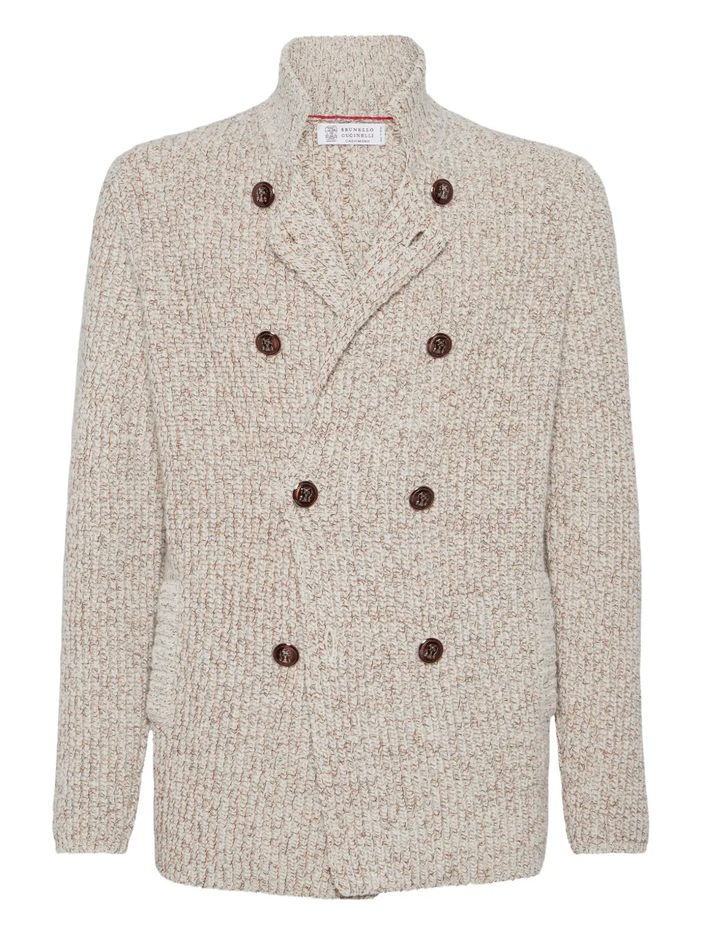 Brunello Cucinelli Textured Knit Double-breasted Jacket With High Collar In Brown