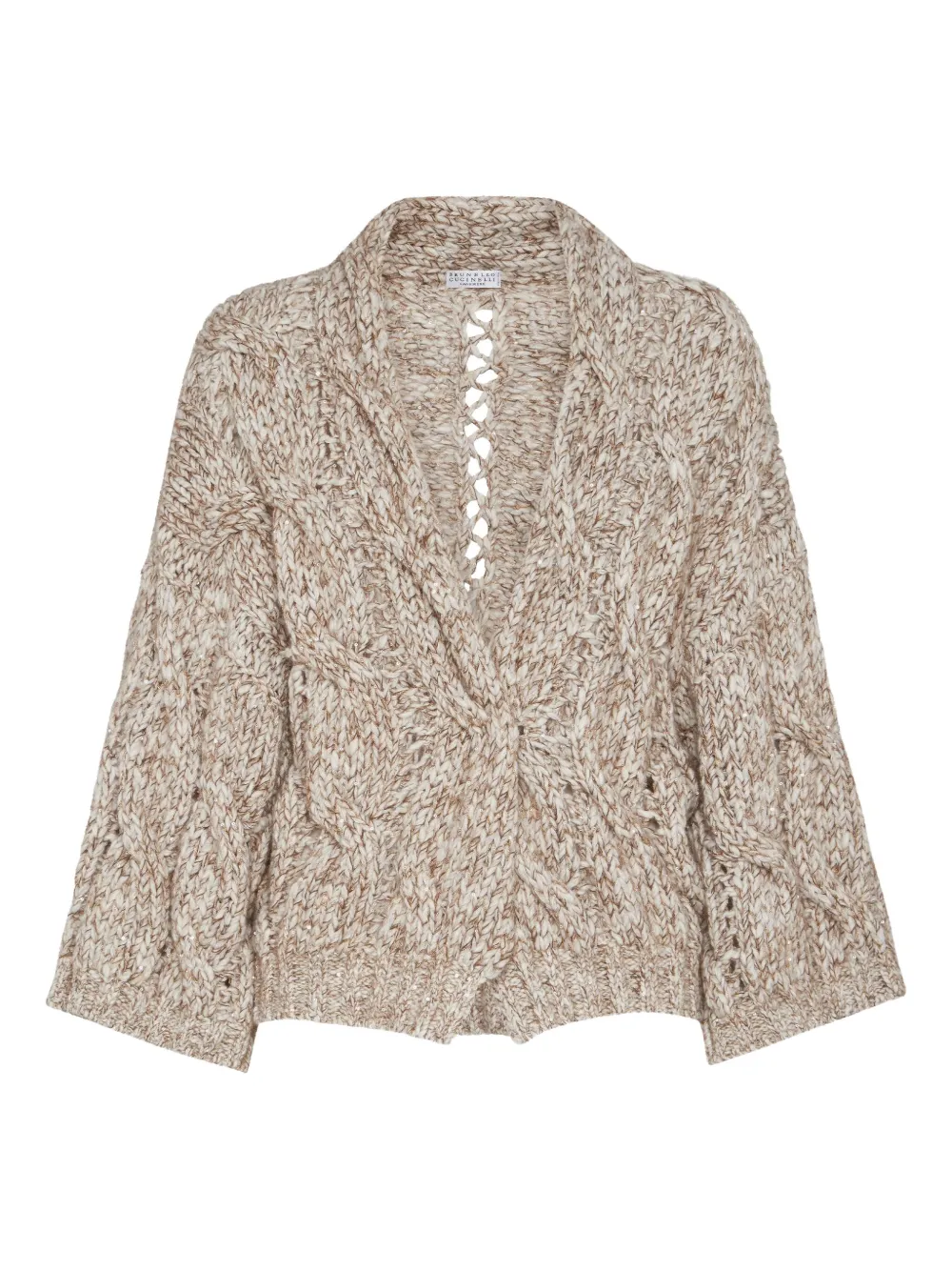 Brunello Cucinelli Chunky Knit Sweater With Deep V-neckline And Cable Design In Brown