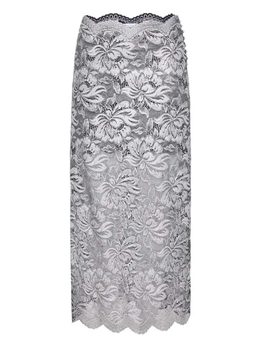 Rabanne Midi Skirt With Scalloped Waistline And Metallic Lace Fabric In Silver