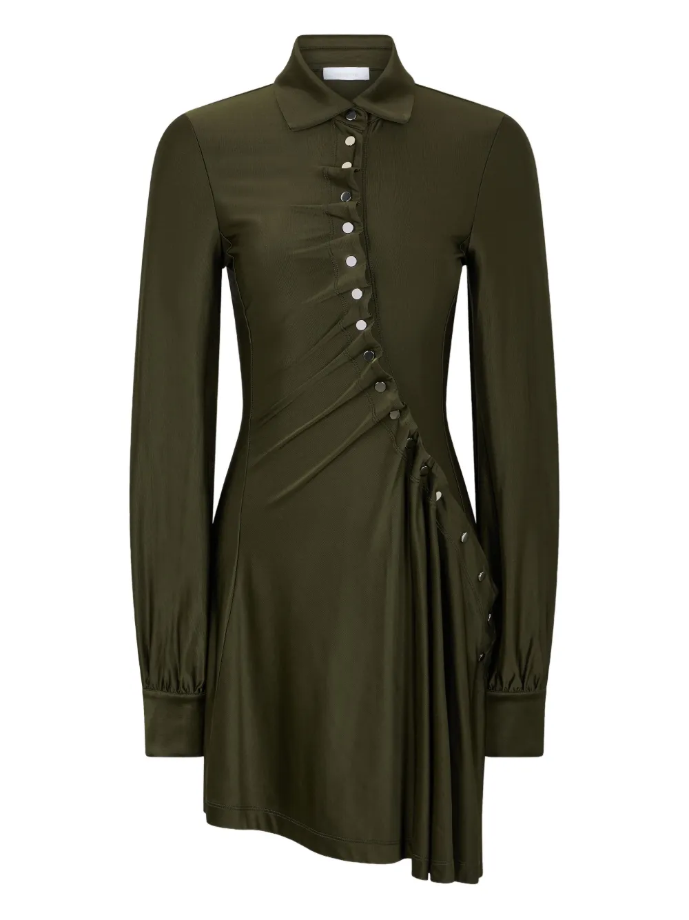 Rabanne Ruched Button Long-sleeve Mini Shirtdress In Green