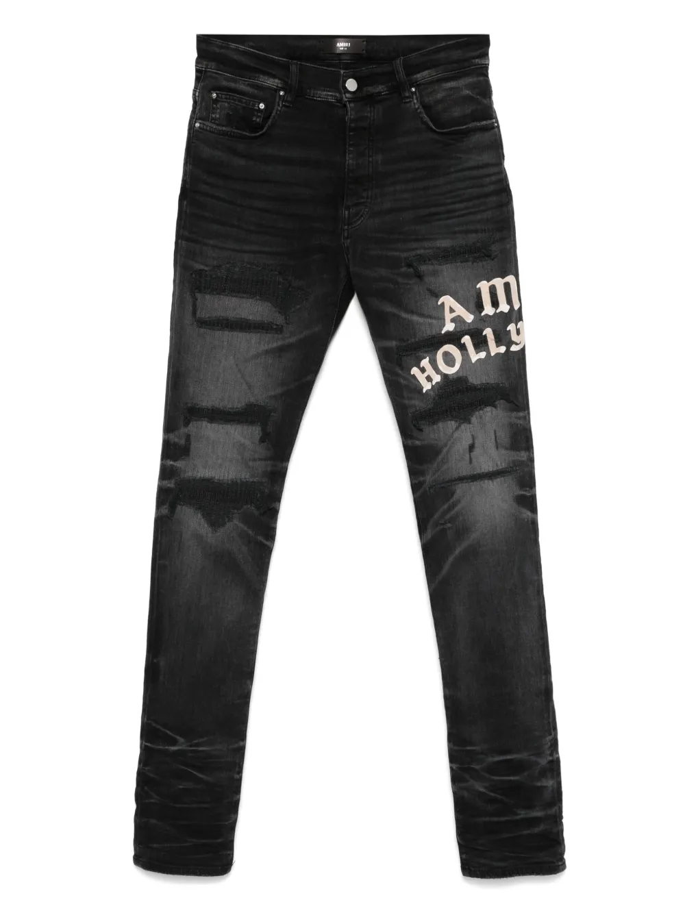 Amiri Hollywood Skinny-fit Logo-flocked Distressed Jeans In Multi