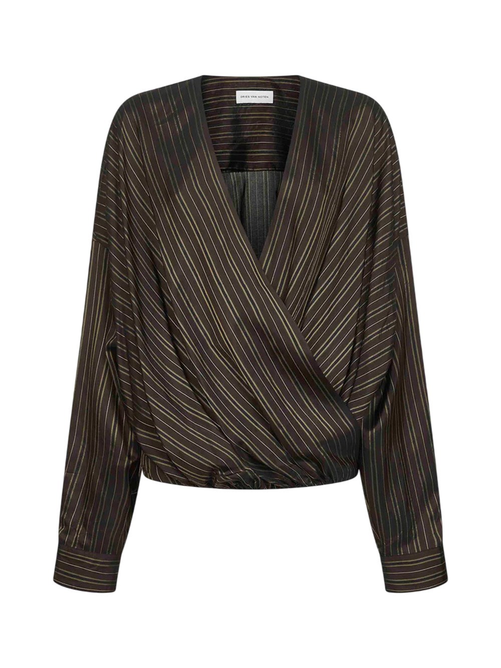Dries Van Noten Brown Striped Cupro Draped Blouse In Brown