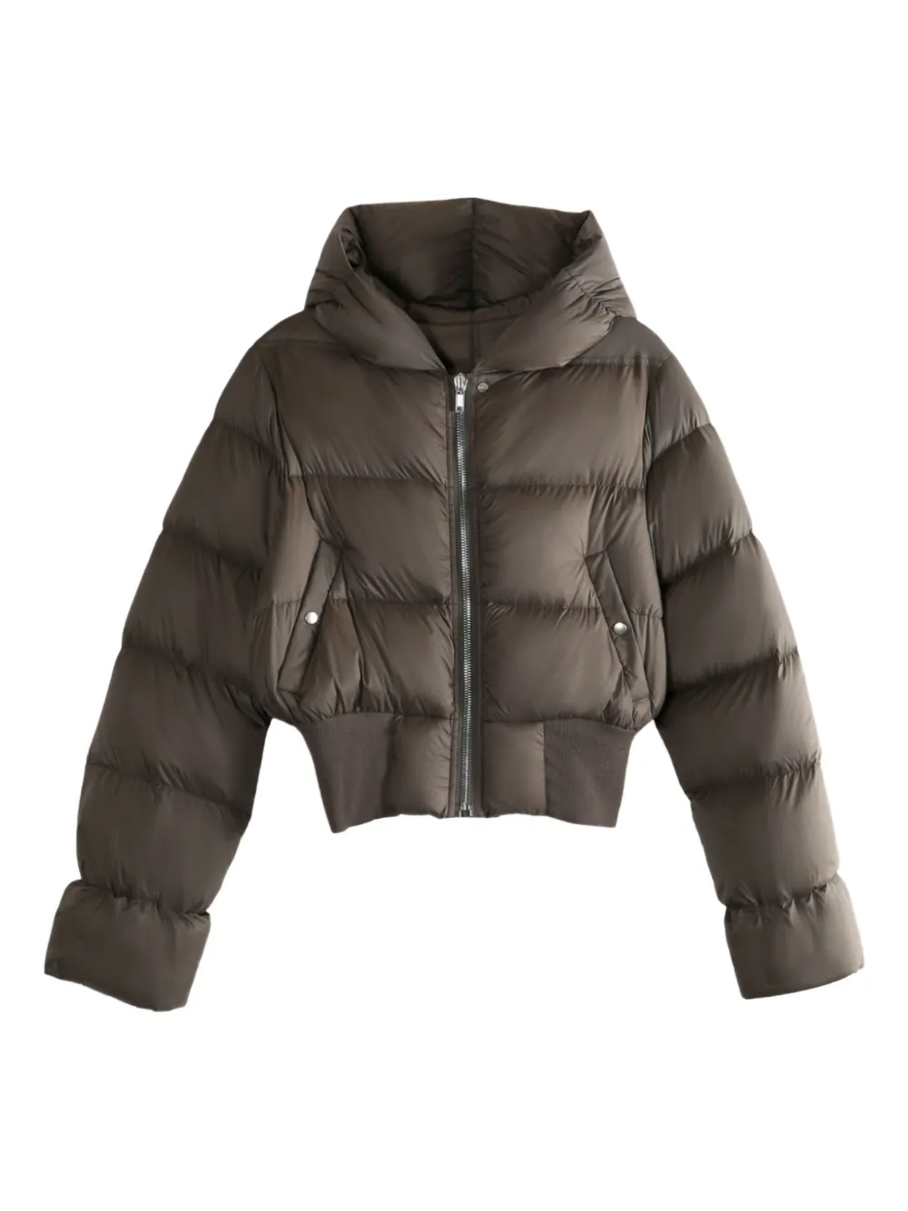 Rick Owens Puffer Jacket With Hood And Ribbed Hem In Brown