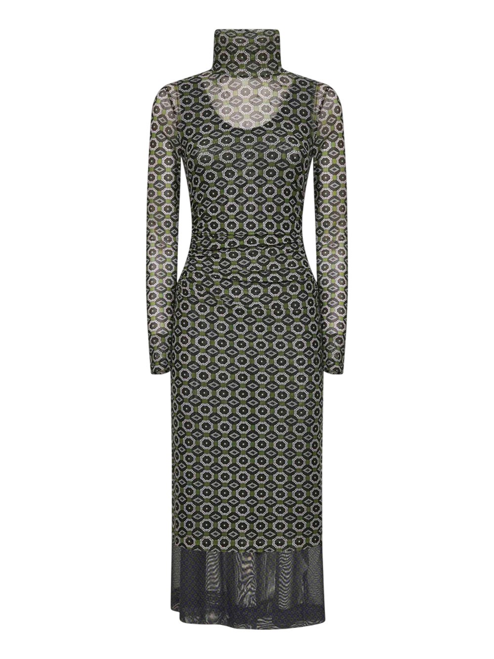 Dries Van Noten Mesh Layered Midi Dress With Asymmetrical Ruffles In Green
