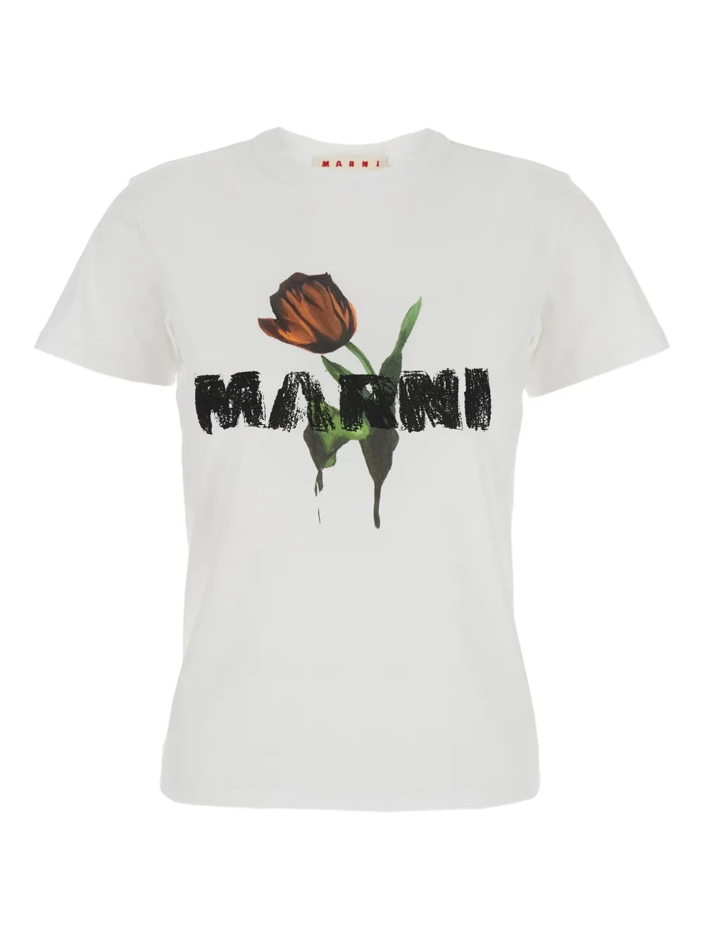 Marni White Crewneck T-shirt With Logo Lettering And Logo Print On The Front In White