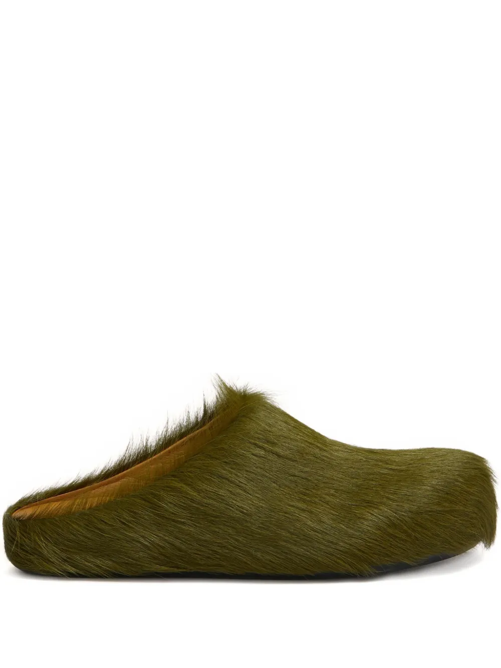 Marni Flat Leather Mules Faux Fur Texture In Green