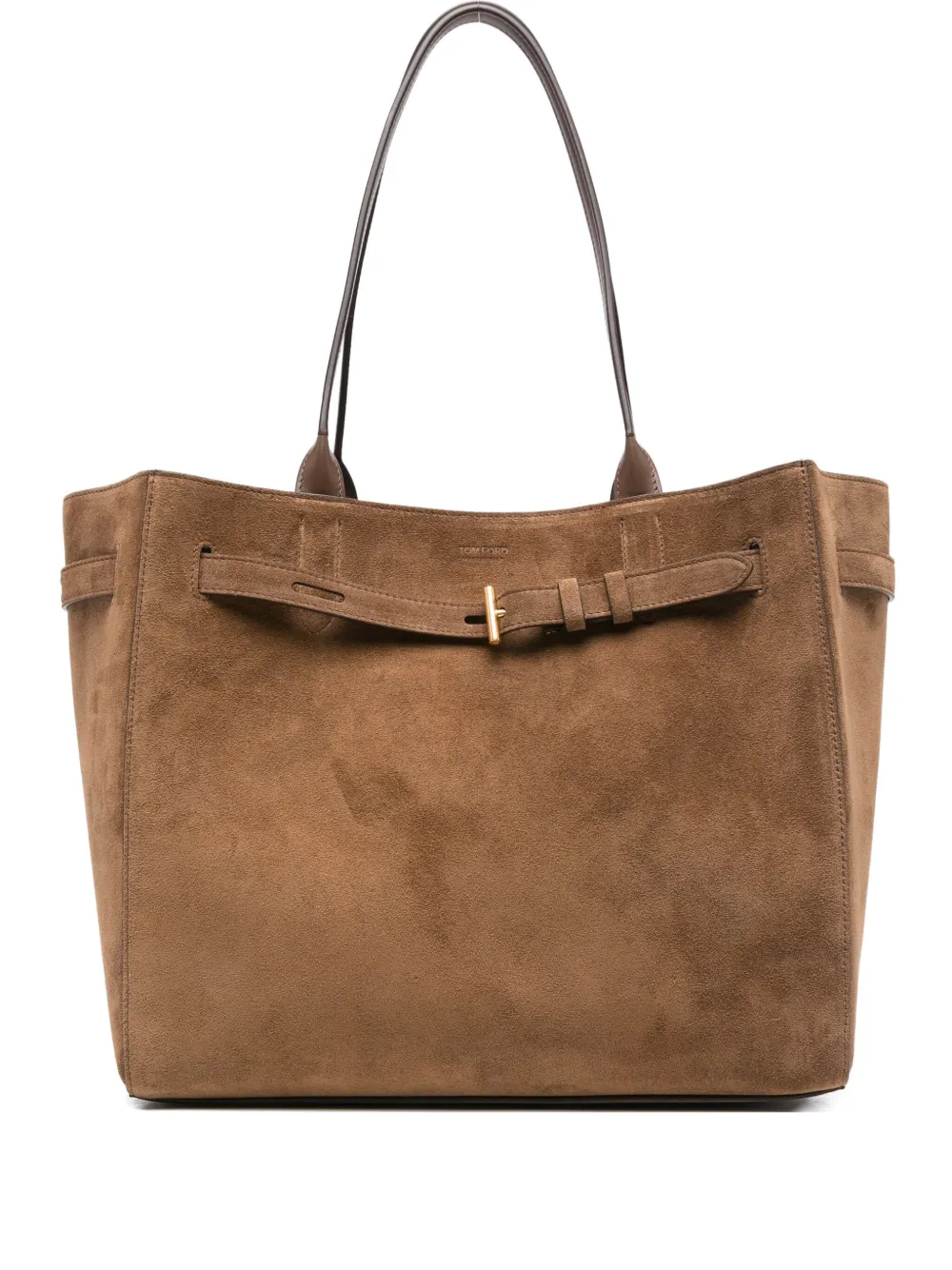 Tom Ford Brown Medium Tote Bag With Belt And T Plaque On The Front In Suede Woman In Brown