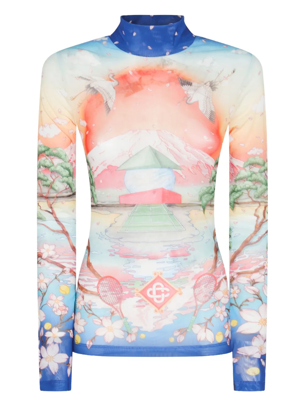 Casablanca High Neck Tulle Top With Multicolor Landscape Print In Multi