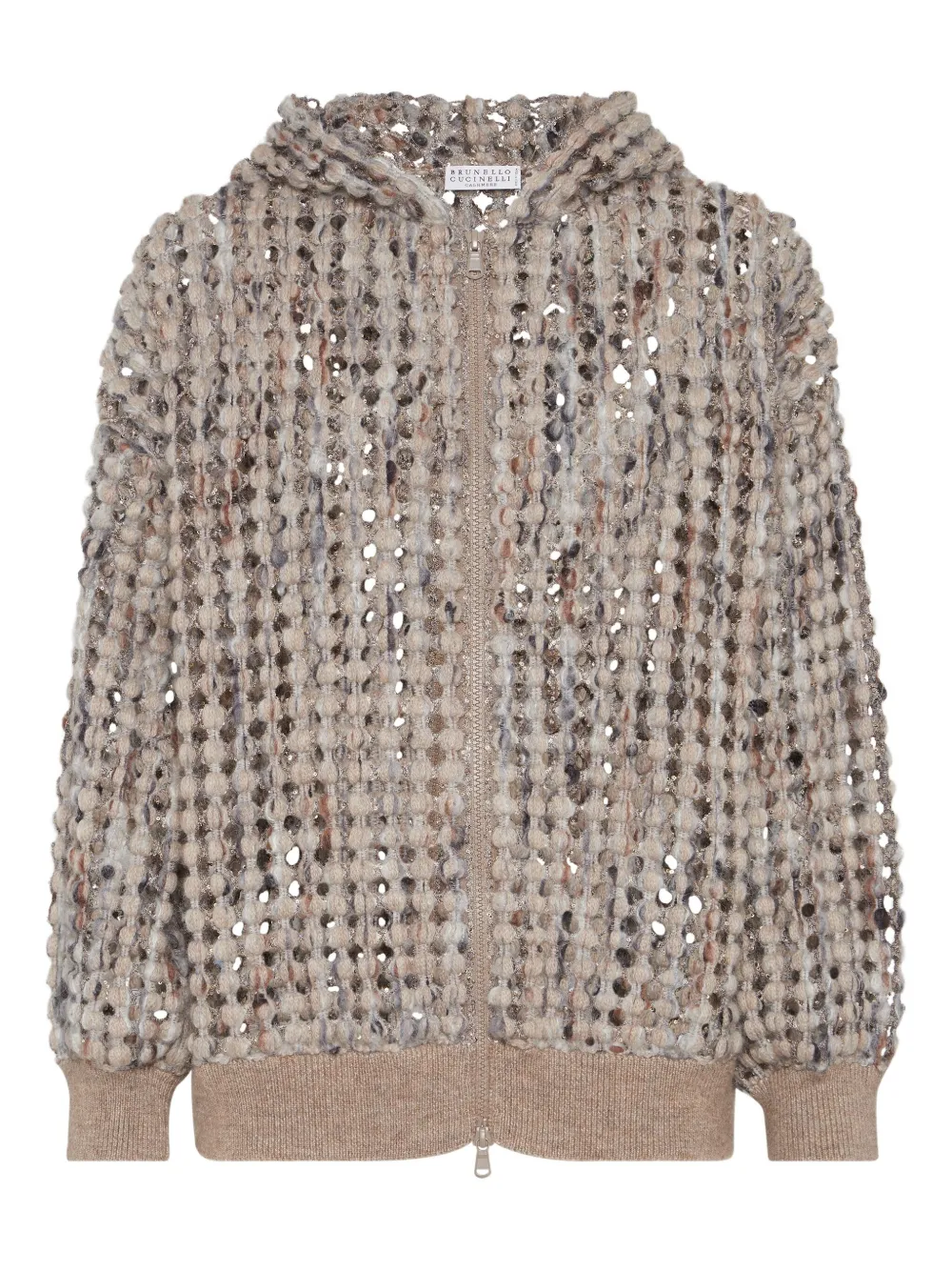 Brunello Cucinelli Hooded And Zipped Cardigan With Paillettes In Brown