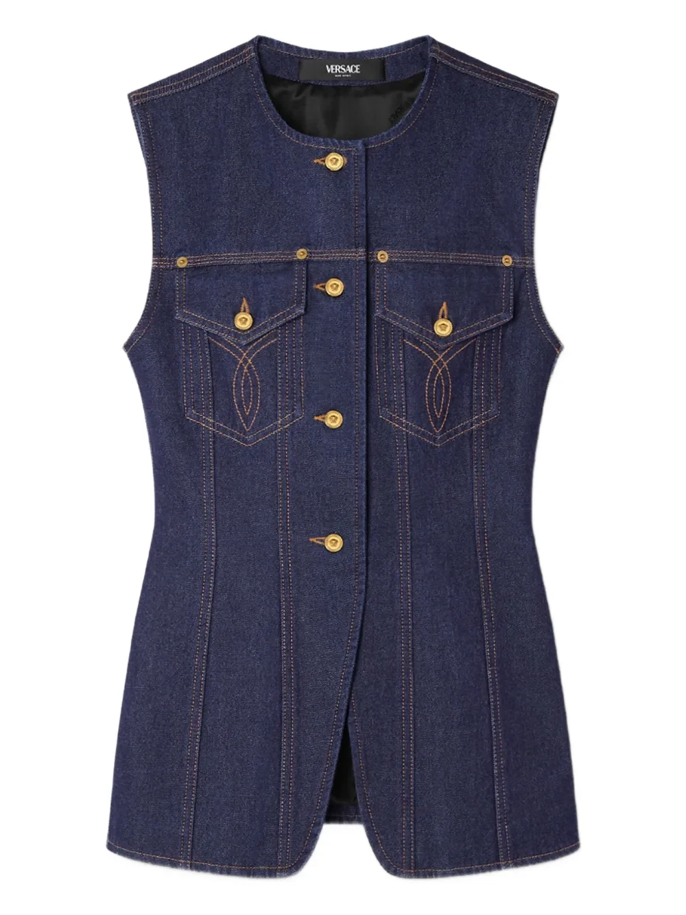 Versace Sleeveless Denim Vest Featuring Chest Pockets In Blue