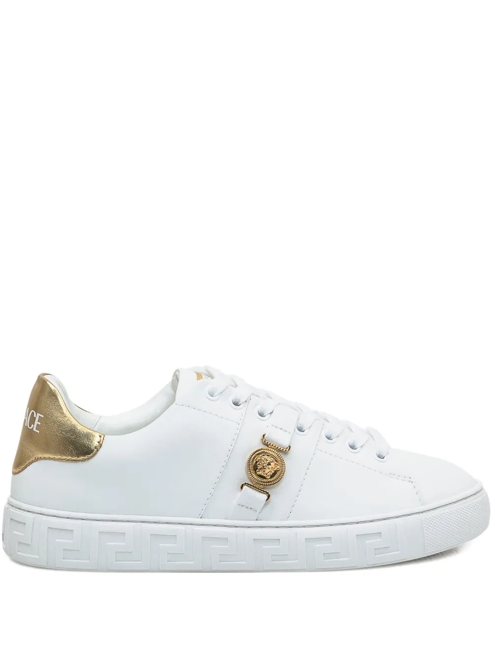Versace Flat Sole Low-top Sneakers With Greek Key In White