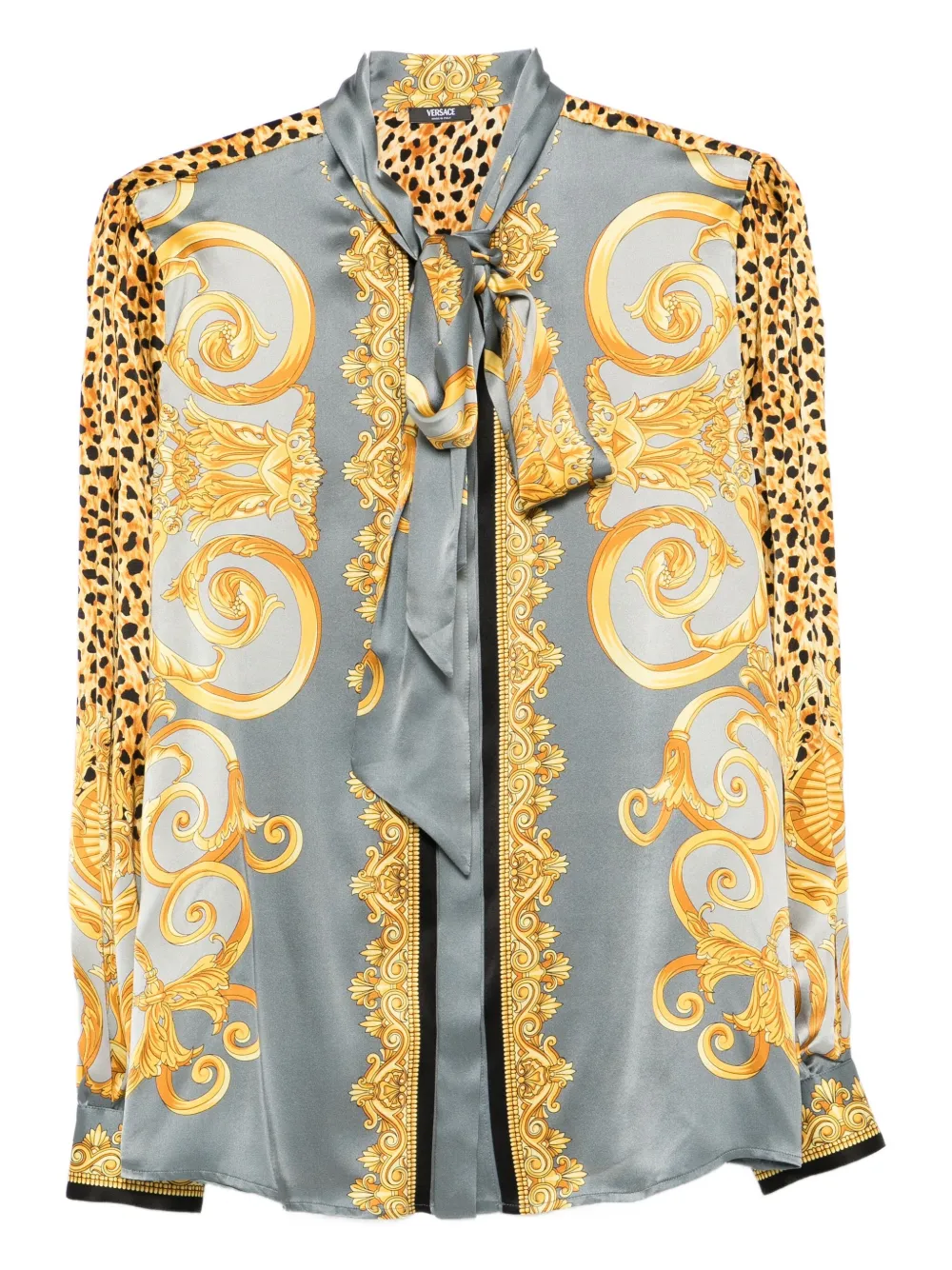 Versace Baroque-pattern Silk Shirt With Leopard Accents In Gray