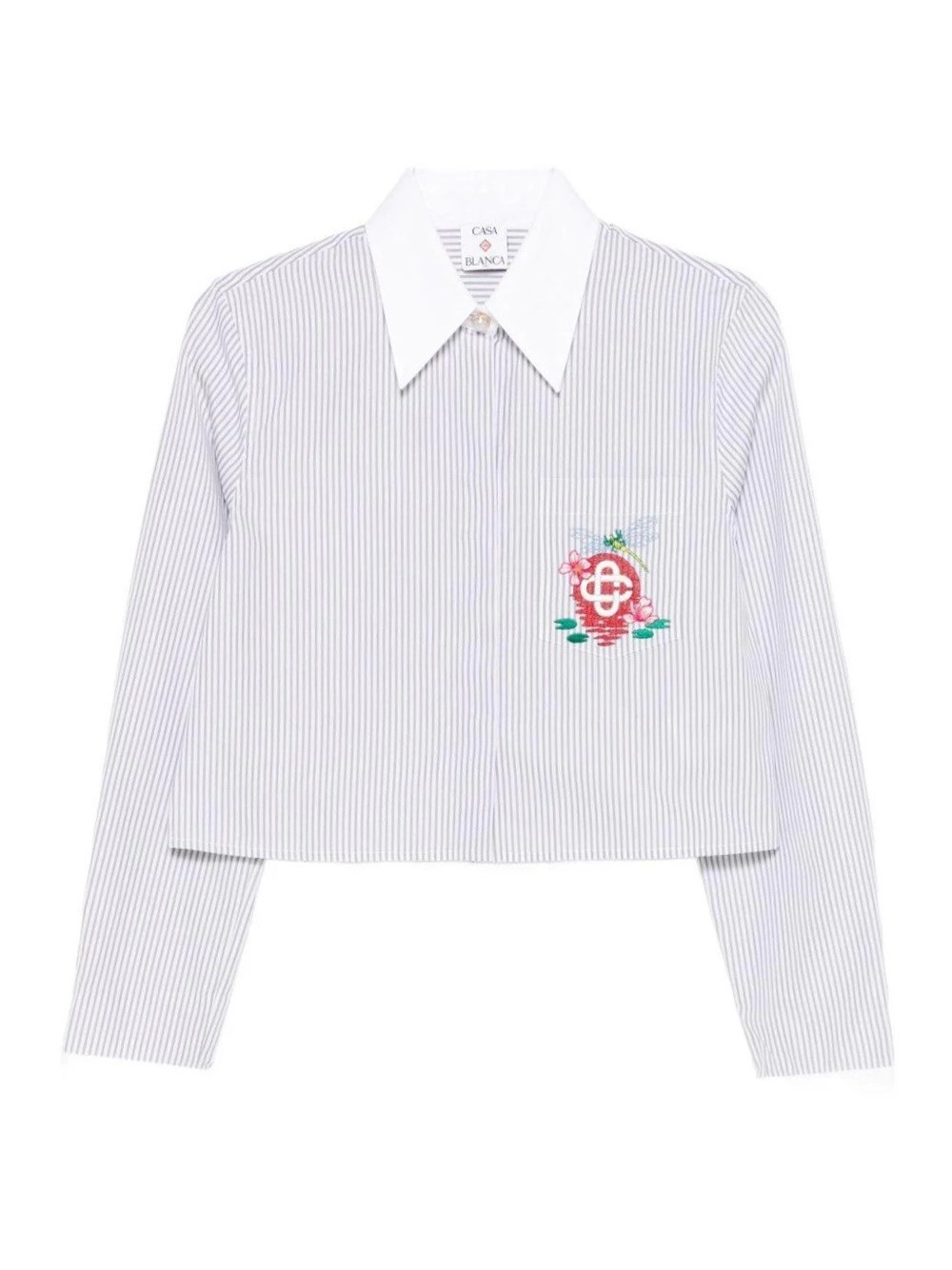 Casablanca Cropped Long-sleeved Striped Shirt With Floral Embroidery In Blue