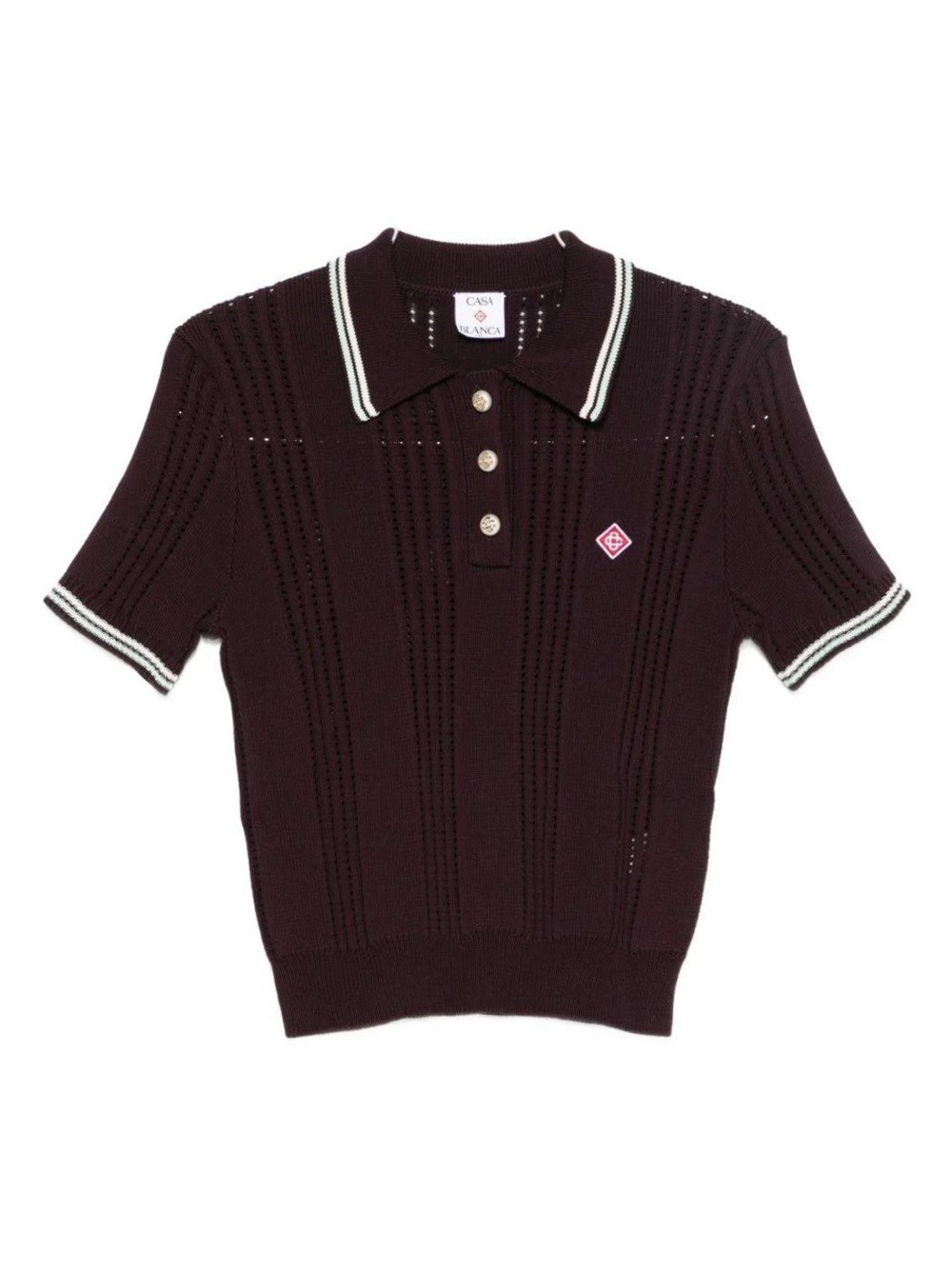 Casablanca Short-sleeved Knit Polo With Vertical Open-knit Stripes In Brown