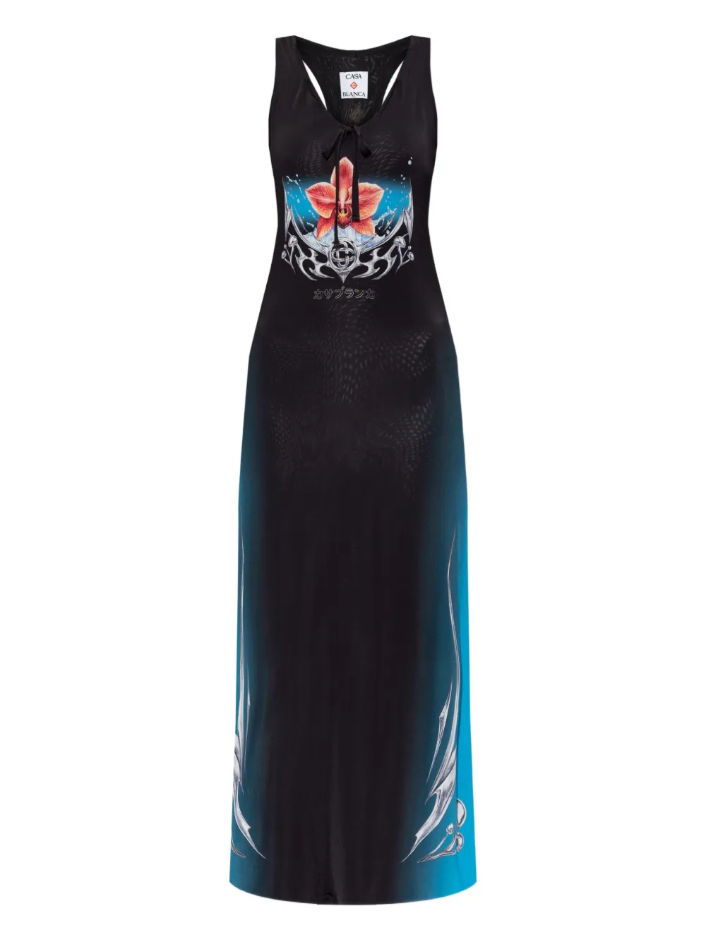 Casablanca Floral Print Midi Dress With Tie Detail In Black