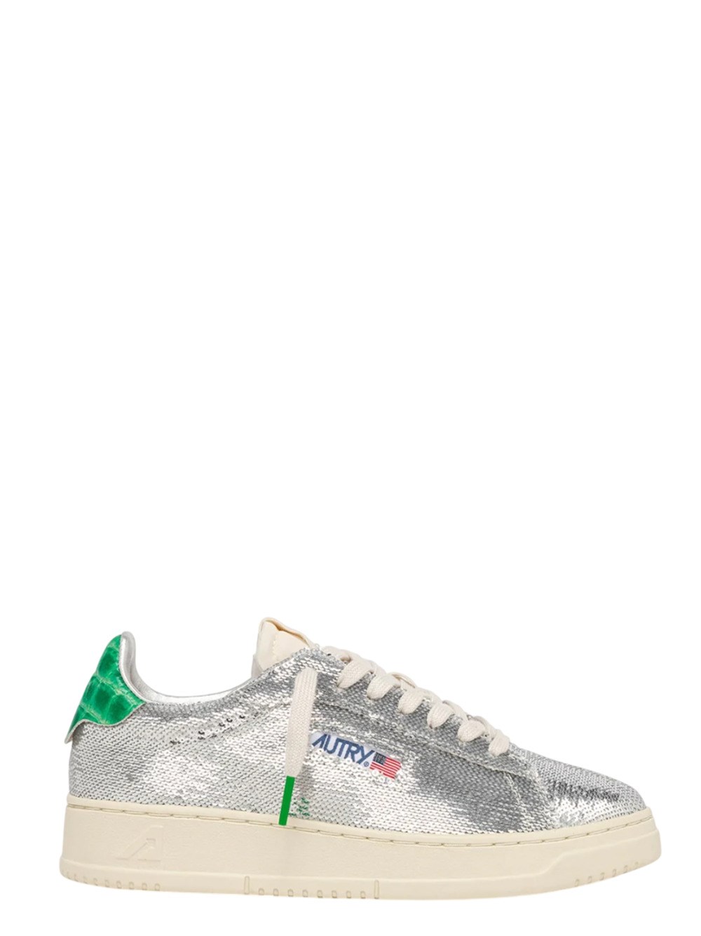 Autry Dallas Low Sparkling Sneakers In Silver And Green Sequins In Multi