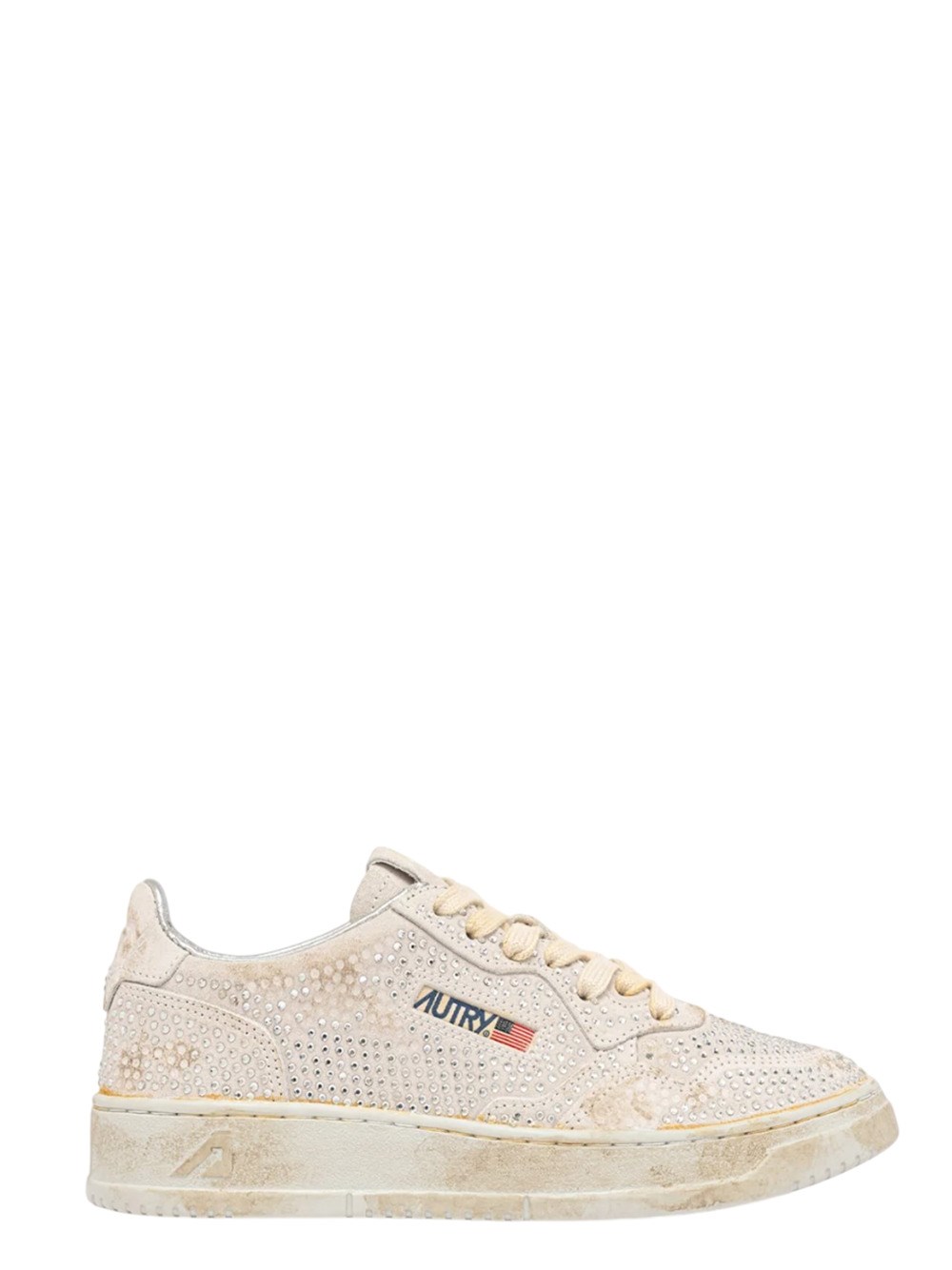 Autry Medalist Low Crystal Sneakers In White Micro Rhinestone In Nude