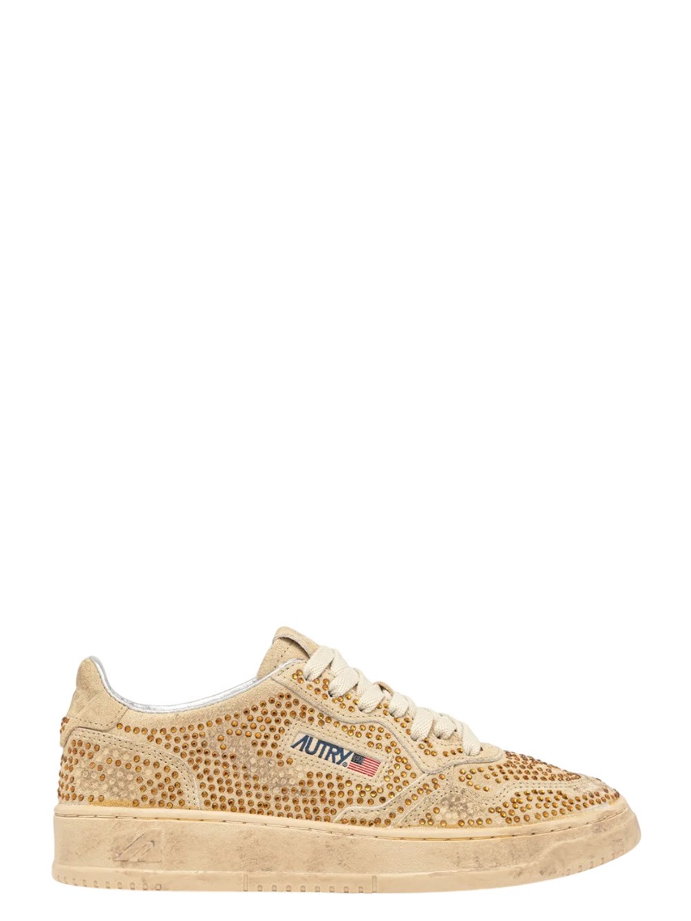 Autry Medalist Low Sneakers In Bronze Suede With Crystal Micro Rhinestones Shoes In Brown