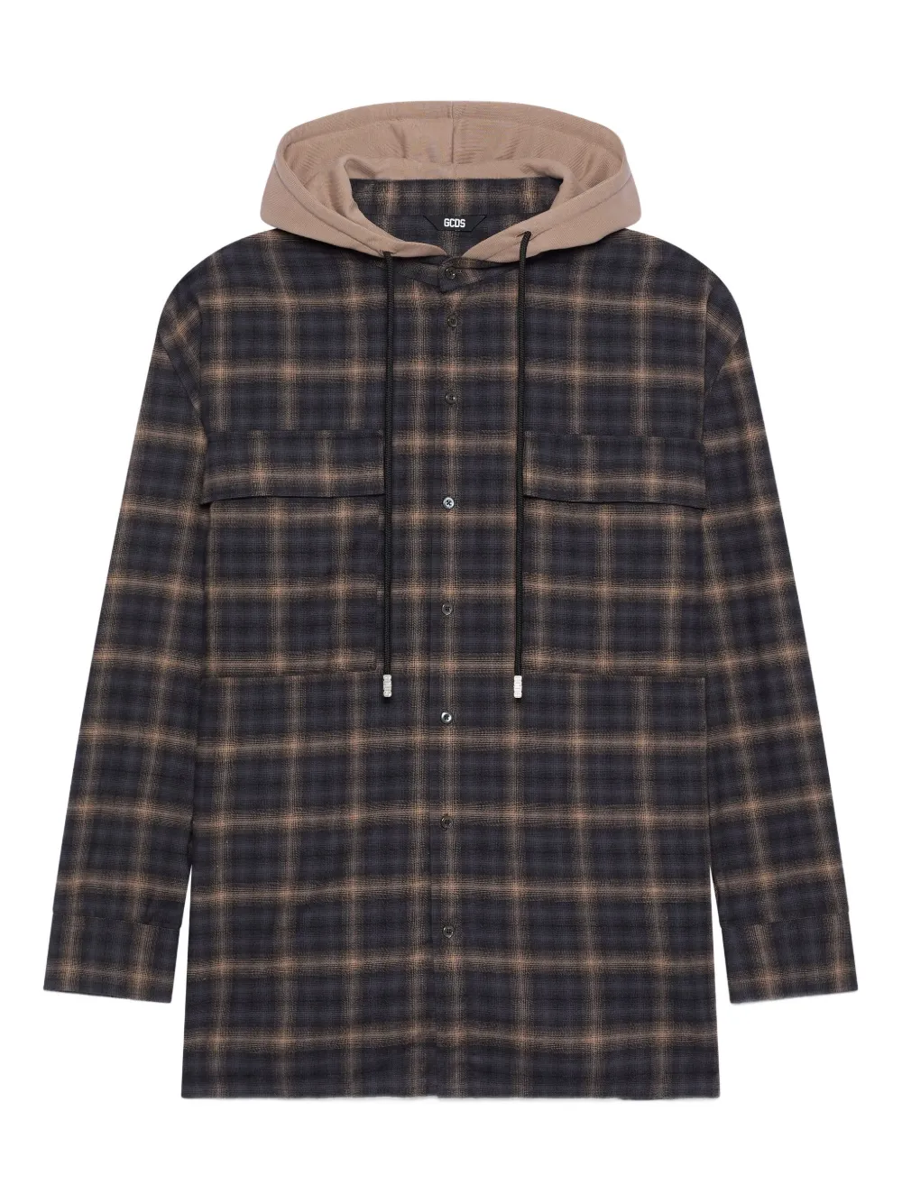 Gcds Plaid Hooded Shirt Chest Pockets Drawstring In Brown