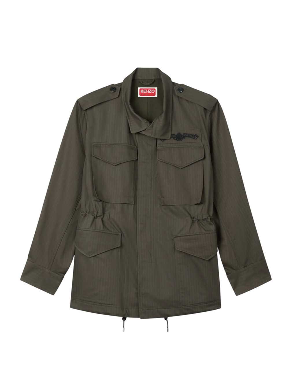 Kenzo ` Paris Emblem` Cotton Herringbone Military Jacket In Grey