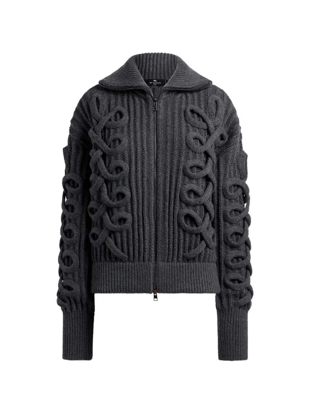 ETRO Cardigan A Coste In Misto Lana Con Zip E Dettaglio Intrecciato